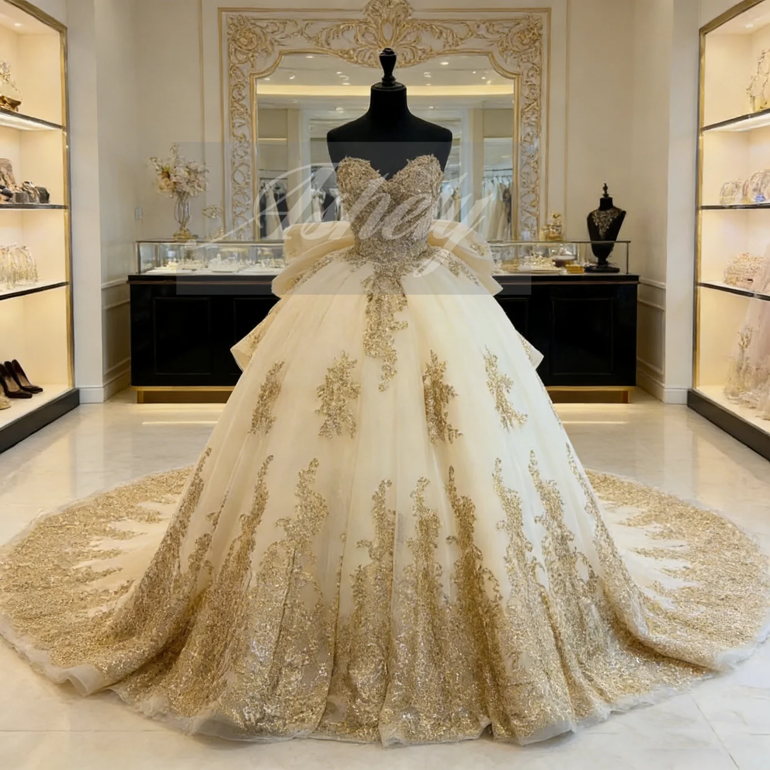 

Luxury Gold Mexico Women Wedding Party Dresses Lace Applique Ball Gown Prom Birthday Party Sweet 15 16 Quinceanera Customized