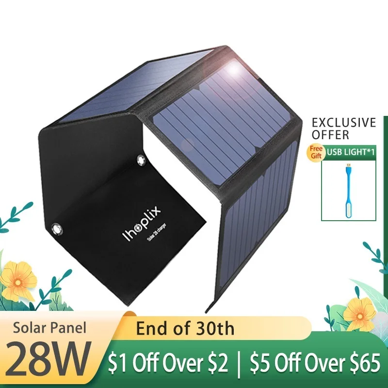 New 28W Foldable Portable Solar Charger with QC 3.0 Quick Charging 3 USB Port for Cell Phone iPhone iPad Samsung Tablet