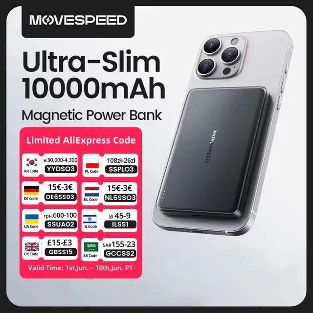MOVESPEED S10 Slim magnetyczny power bank 10000mAh PD20W przenośna ładowarka bezprzewodowa bateria zewnętrzna do iPhone 16 Samsung Powerbank