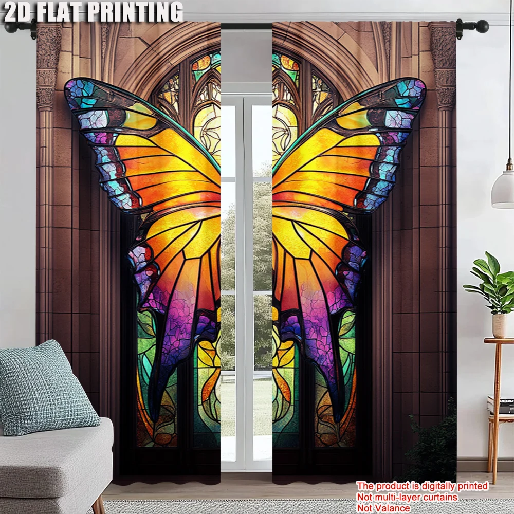 

2Pcs Modern Butterfly Print Window Curtains Rod Pocket Polyester Material Machine Washable For Living Room And Bedroom