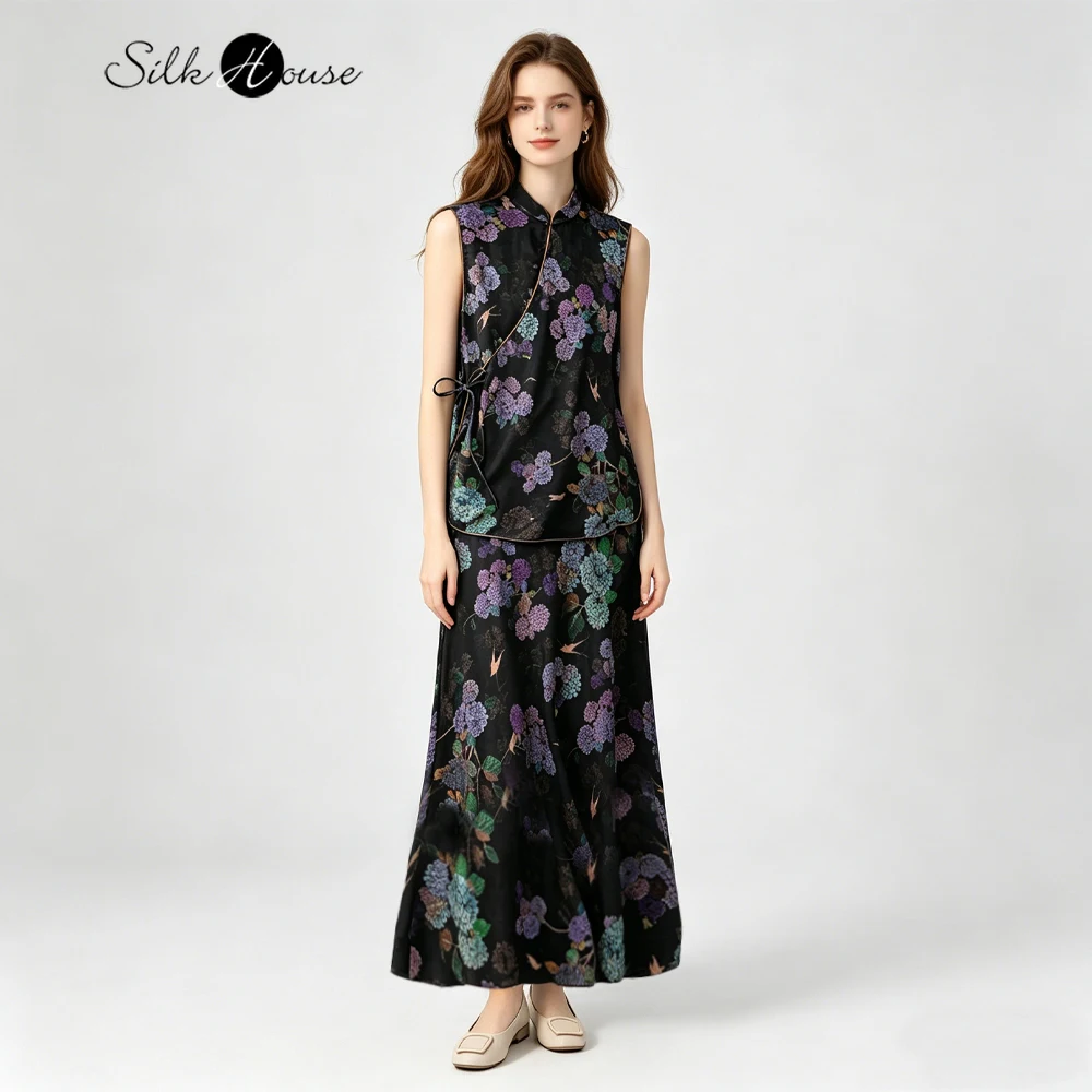 

Women's Fashion New Black Embroidered Flower 100% Natural Mulberry Silk Fragrant Cloud Yarn Extended Slant Cut Fish Tail Skirt