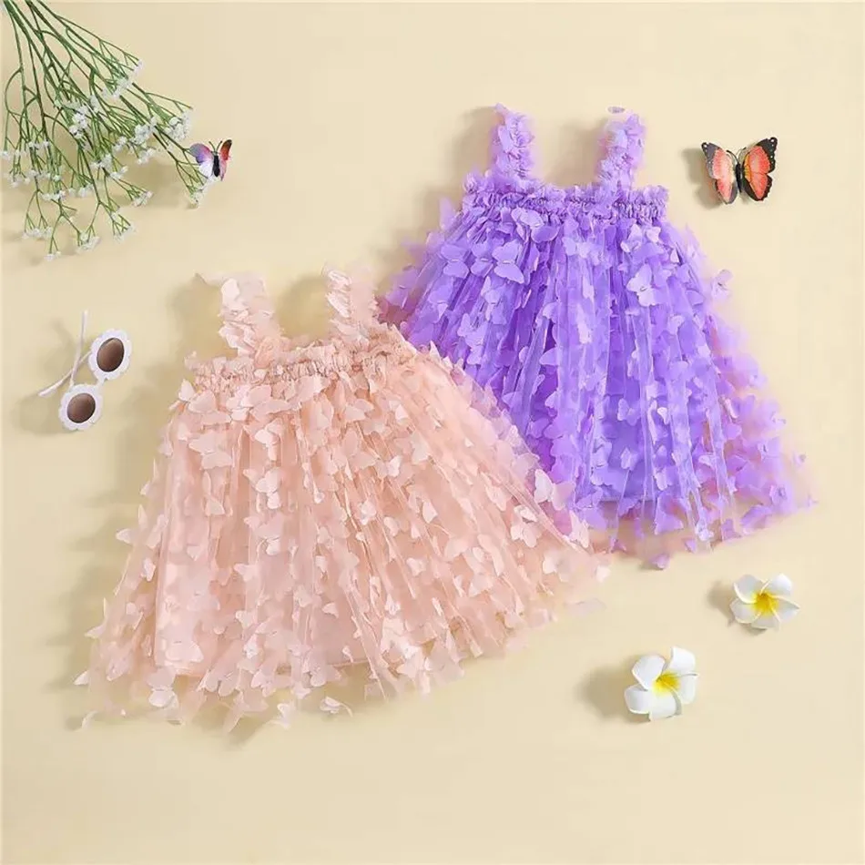 Children's One Line Neckline Butterfly Solid Color Suspender Mesh Dress Girl's Sweet Princess Mesh Fluffy Dress Girls Dresses