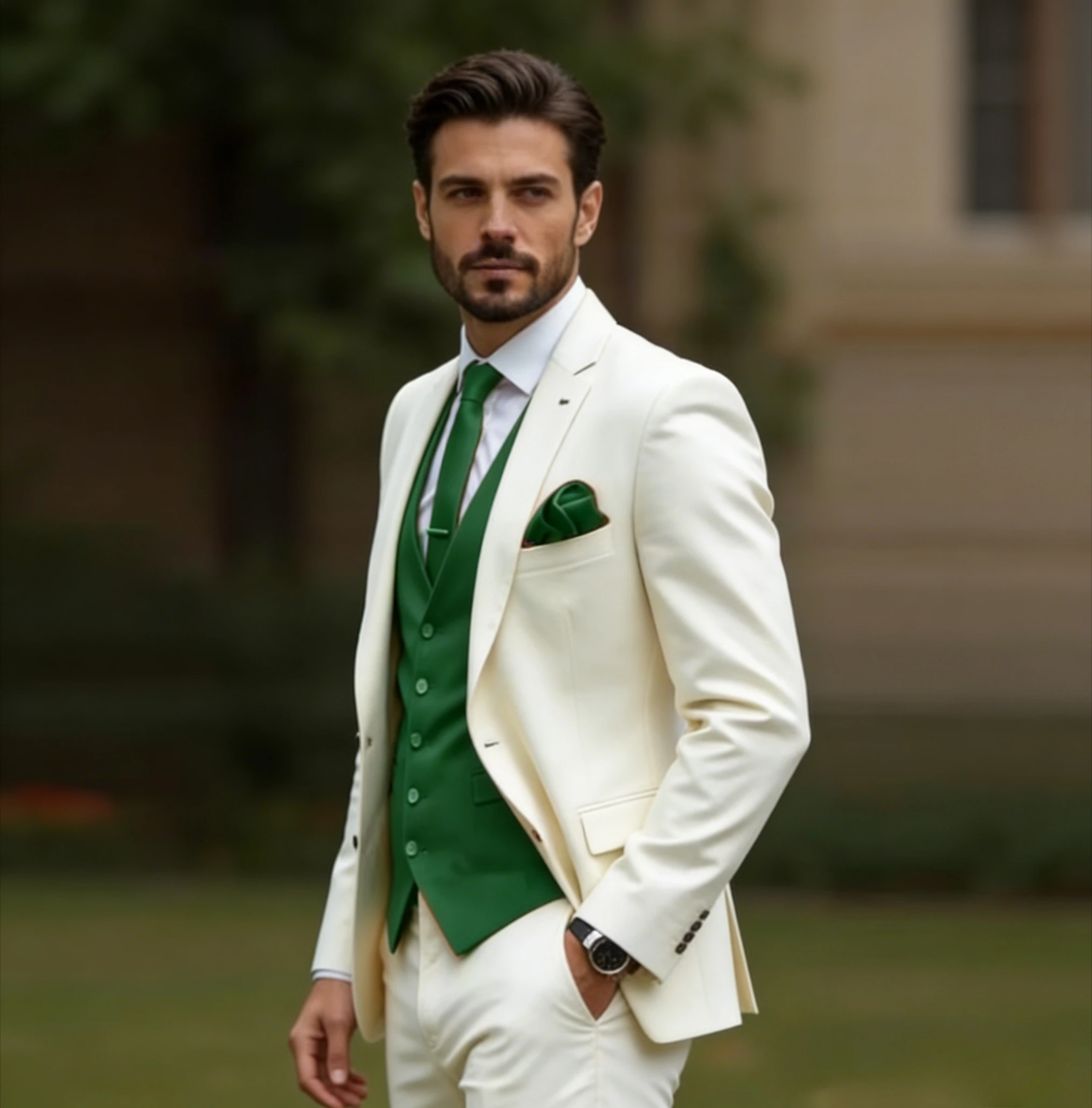 

White And Green New Men Suit Wedding Party Formal Groom Groomsman Prom Business Male Tuxedos 3 Piece Set Jacket Vest Pants
