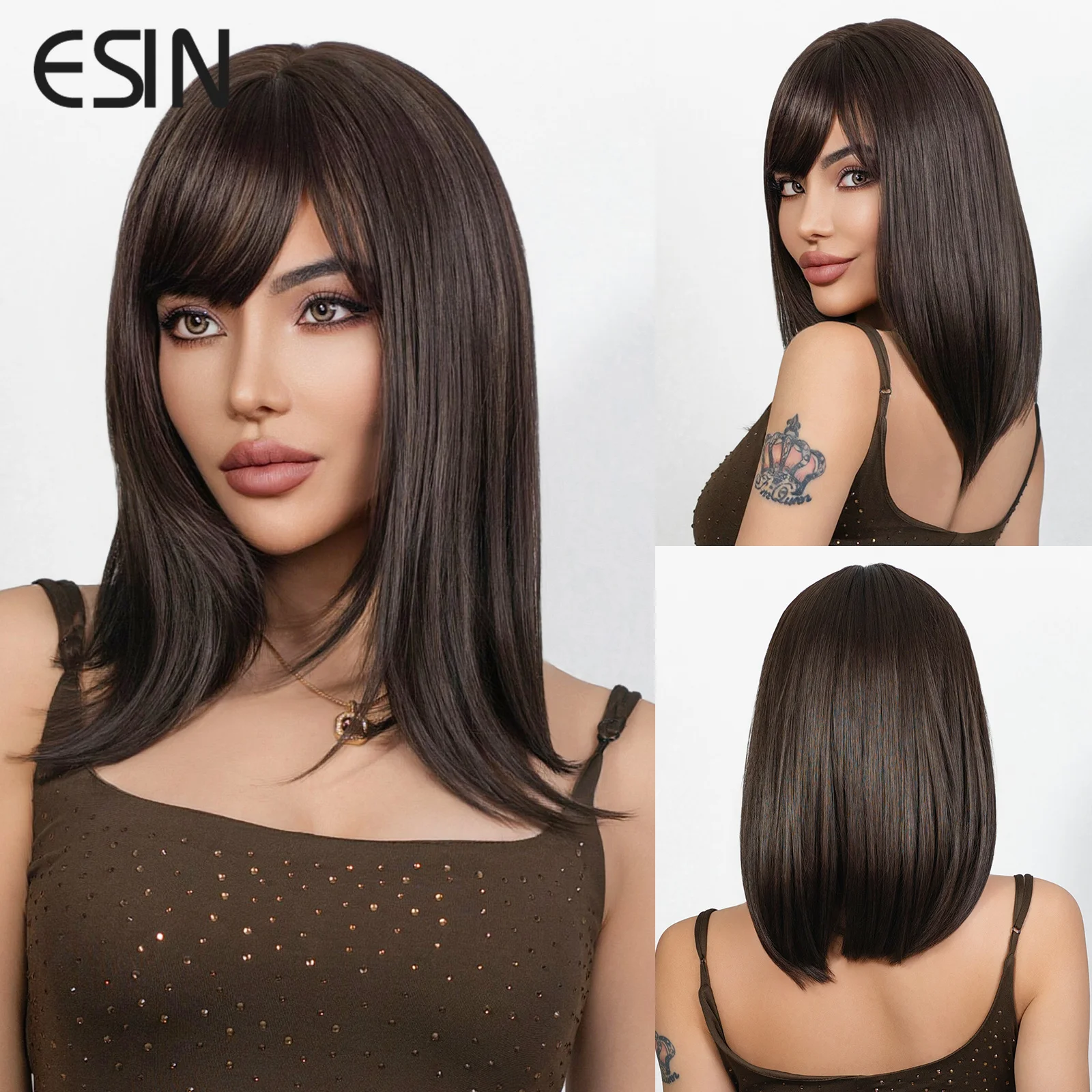 

ESIN Short Black Brown Bob Wavy Curly Wigs With Bangs Synthetic Wig For Women Natural Hair Wigs Heat Resistant Hair