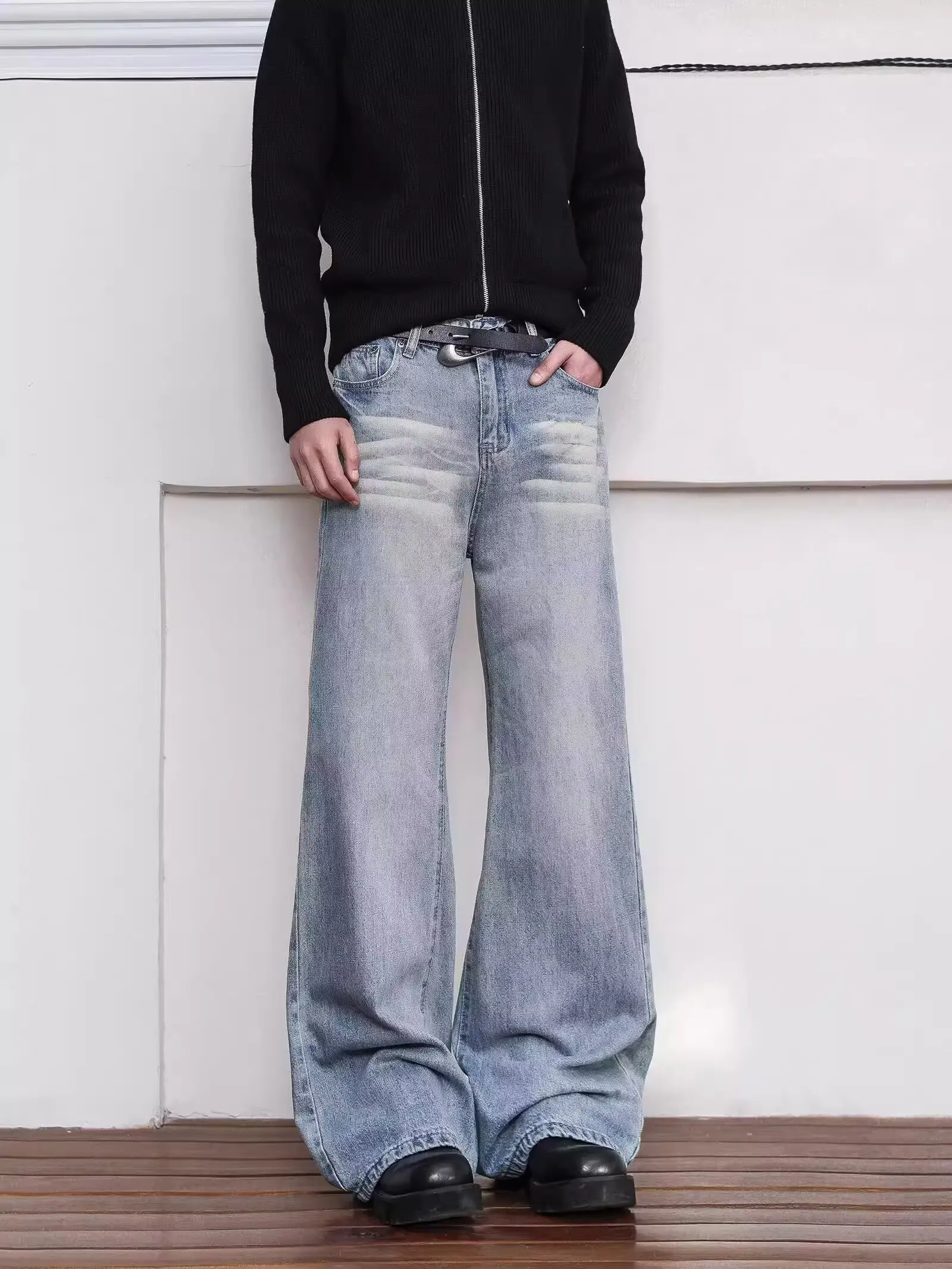 Calça Jeans Lavada Estilo Americano Boca de Sino Perna Reta Design Solto Masculina e Feminina Outono Tendência Cleanfit Calça...
