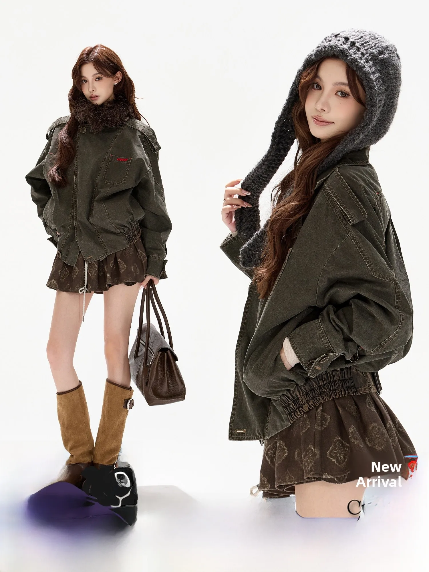 

CYNR Original Design American Retro Heavy Duty Cotton Work Jacket Women's Detachable Fur Collar Short Coat Vintage Style