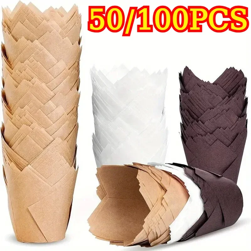 50/100PCS Tulip Cake Paper Cups Oven Baked Oil Proof Cake Paper Cup Liners for Wedding Party Birthday Event Decoration