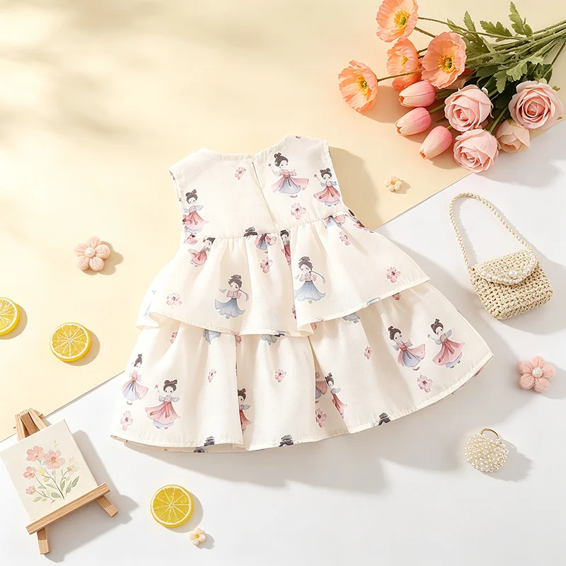 Sweet Toddler Girls Sleeveless Layered Dress Children Traditional Chinese Style Lightweight Baby Clothes Kid Summer Daily Outfit