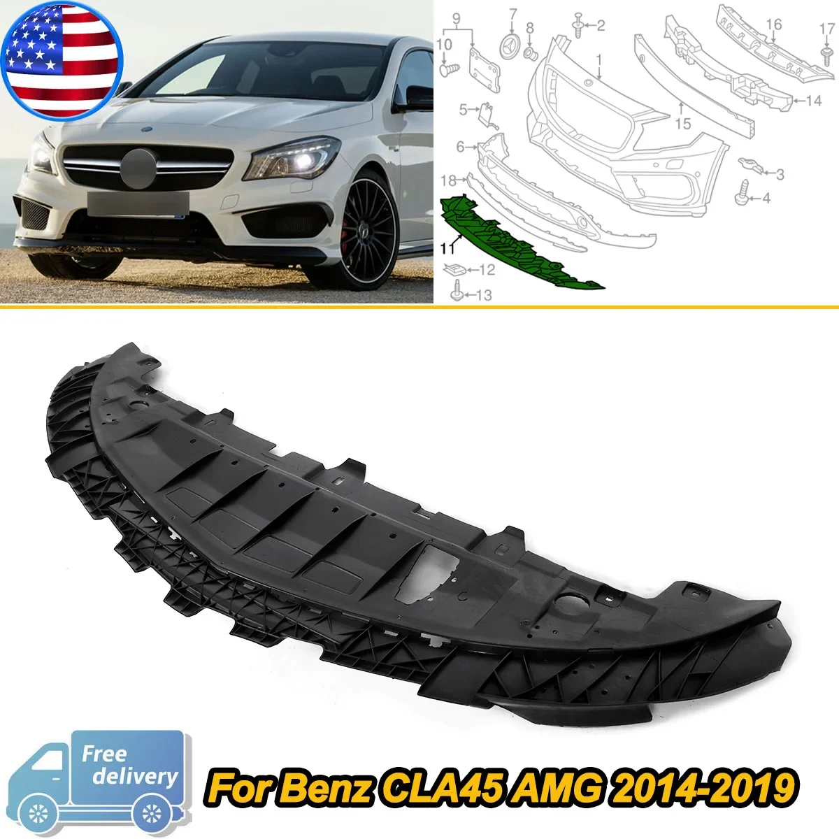

For Mercedes Benz CLA45 2014-2019 Front Bumper Guard Protector W176 W117 Lower Bumper Splash Shield Guard 1768850136