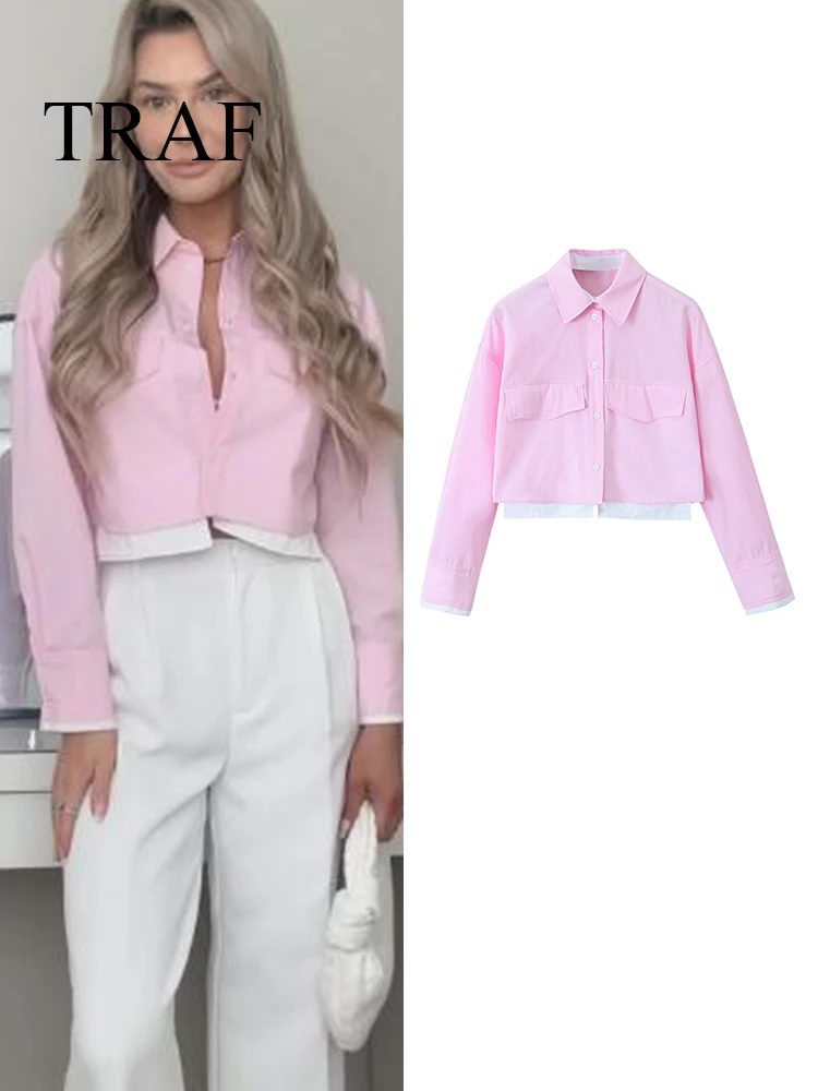 TRAF Fashion Woman Pink Patchwork Shirt Long Sleeve Cropped Shirts For Ladies Fashion 2024 Streetwear Button Up Blouses Tops