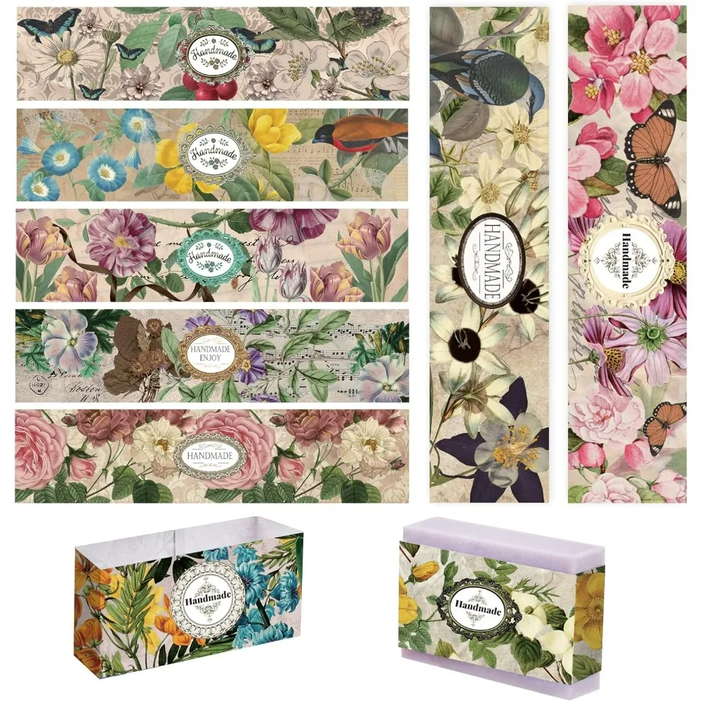 90pcs Vintage Flower Wrapper Tape 9 Styles Handmade Crafts Band Label Paper Tape Wrap Label Tape Vertical Tag Sleeves Covers