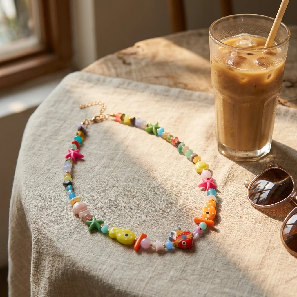 Böhmische Bunte Keramik-Clownfisch-Perlenketten für Frauen Handgefertigte Unregelmäßige Kieselstein-Kette Choker-Halskette Sommer-Schmuck – Detail 4