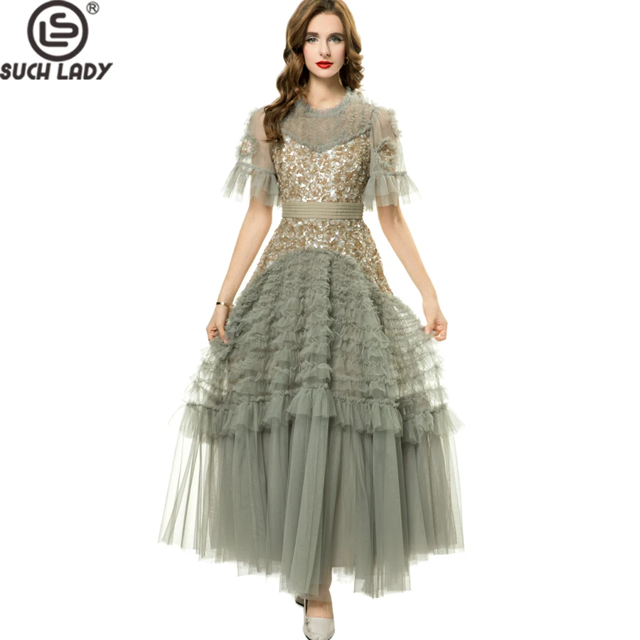 ชุดสตรี O คอสั้นแขน Appliques Tiered Ruffles Layered Elegant แฟชั่น Party ชุดราตรี Vestidos