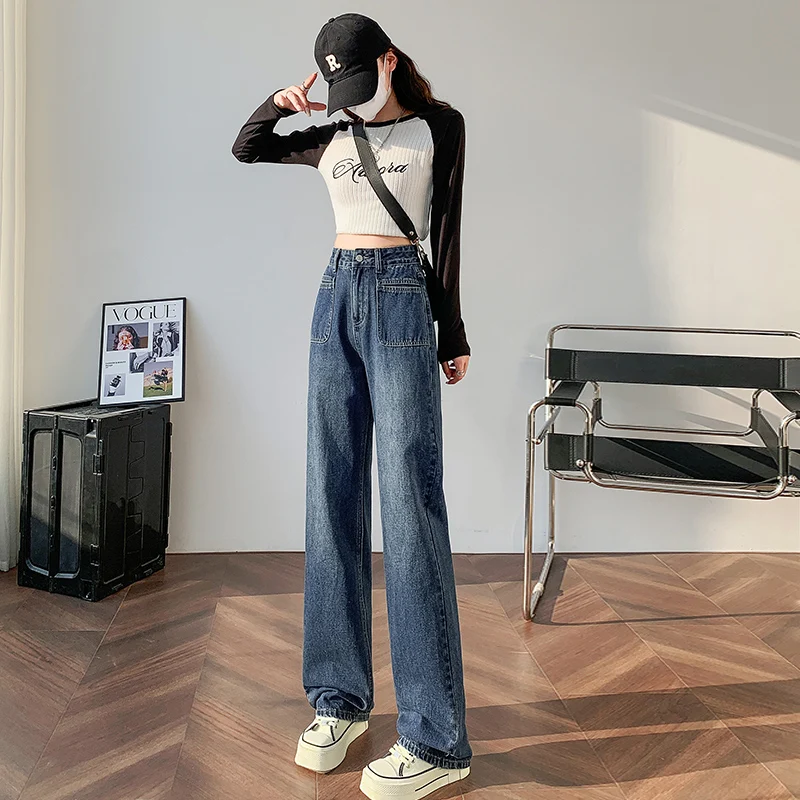 

Удобные повседневные женские прямые джинсы в стиле ретро с высокой талией, эластичные джинсовые брюки, облегающие универсальные брюки