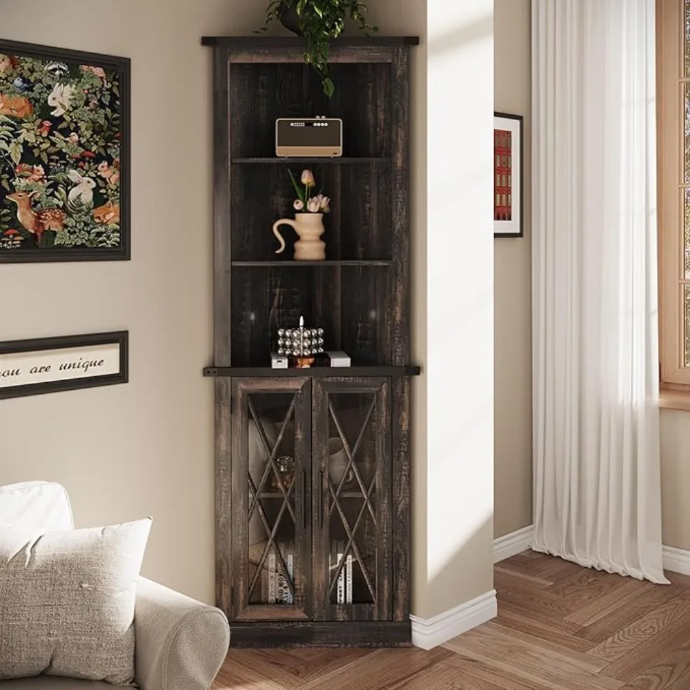 

Tall Corner Cabinet with 2 Glass Doors, Modern Storage Cabinet with Adjustable Shelves, Corner Display Cabinet for Living Room