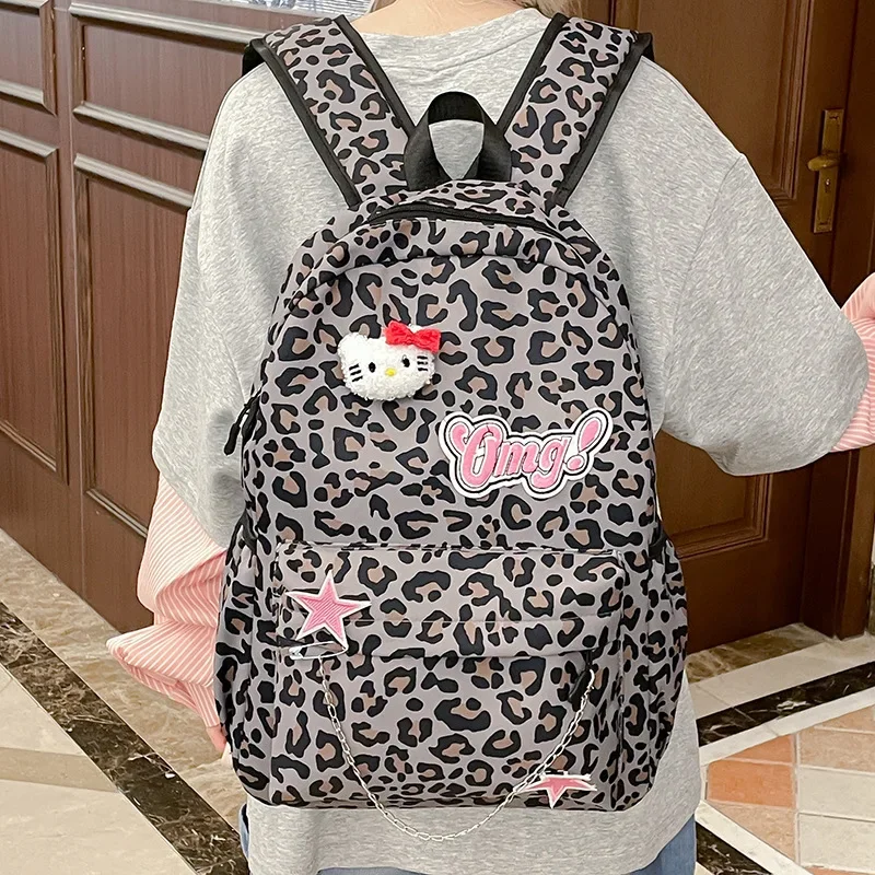 Sanrio Hello Kitty cute fashion student schoolbag cartoon leopard print casual simple lightweight large capacity backpack