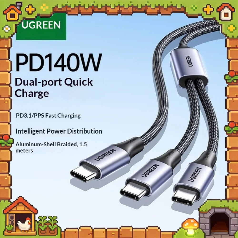 UGREEN L533 USB C Splitter Cable PD 140W 1.5m Braided Dual Charging 110W+30W USB 2.0 for USB C Laptops Tablets Phones