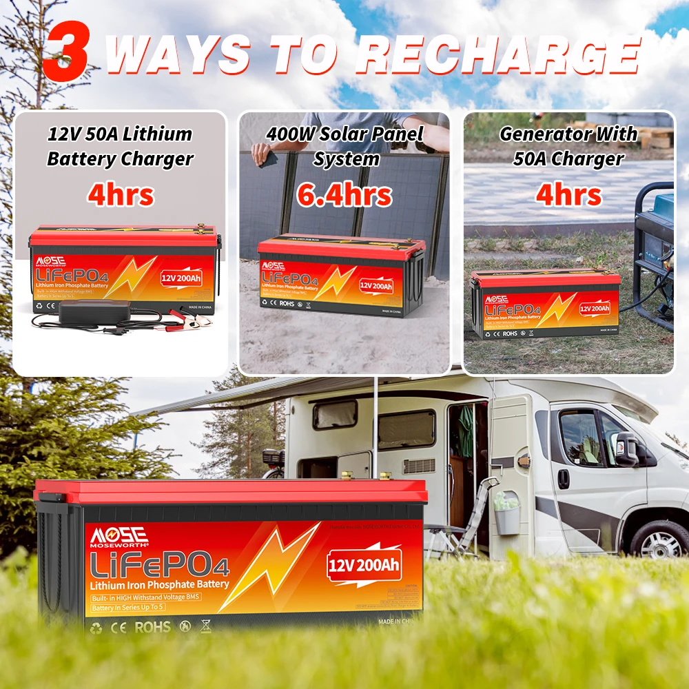 MOSEWORTH 12V 200Ah LiFePO4 Lithium Battery 2560Wh Built-in 200A BMS 10000+ Cycles 10-Year Lifespan Rechargeable RV Solar Camper