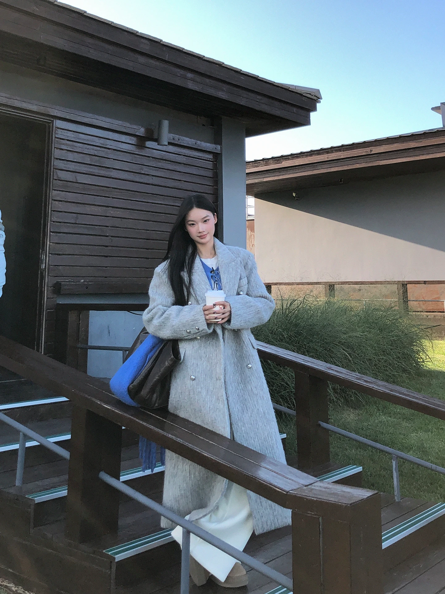 Długi płaszcz wełniany damski G Sle na zimę, elegancki, super piękny, dzianinowy, do pracy, o prostym kroju.