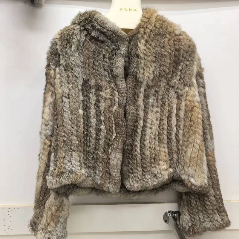 Luxury Soft Real Rabbit Fur Knitted Genuine Coat Fox Fur Coat Real Fur Women Autumn Winter Reversible Hooded Fluffy Jacket