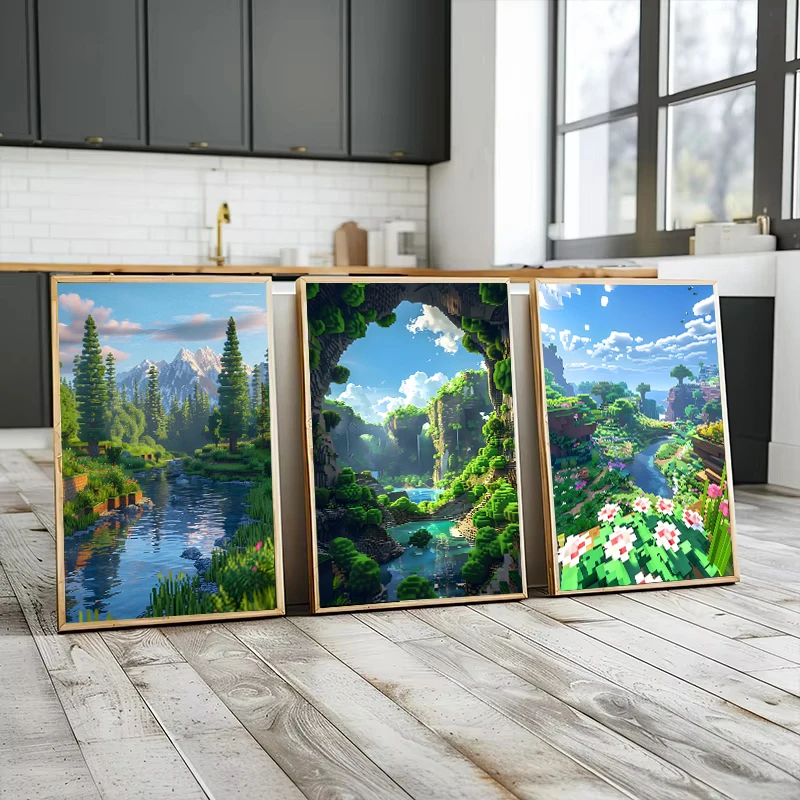 Classic Video Game Block Pixel World Mountain Lake Flower Landscape Style Canvas Poster Painting Print Wall Art Room Home Decor