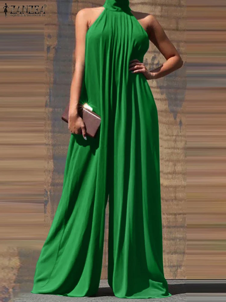 

ZANZEA 2024 Summer Wide Leg PlaysuitsWomen Party Elegant Jumpsuits Oversize Rompers Solid Color Holiday Chic Sleeveless Overall