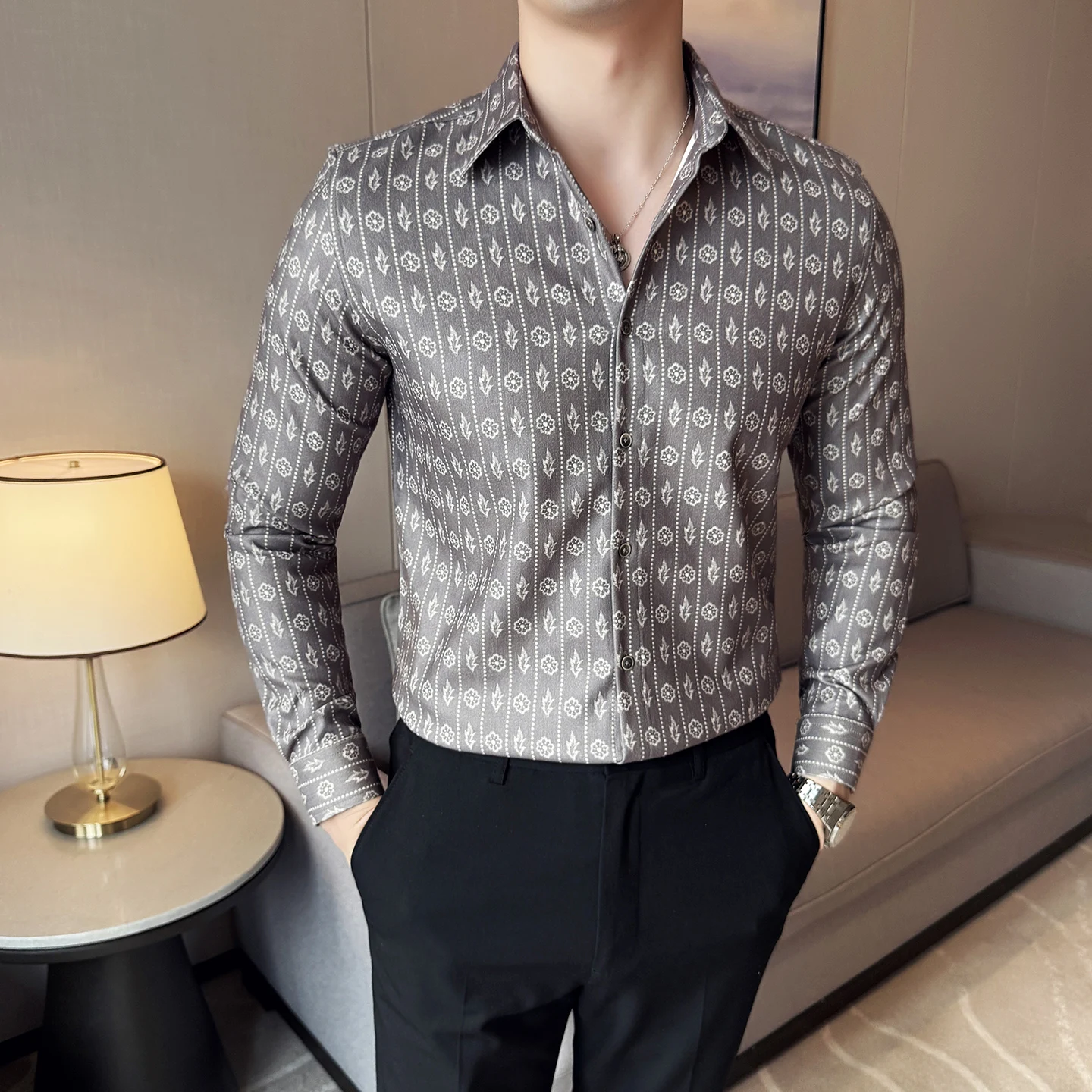 2025 Autumn Winter Suede Printed Shirt Men Thick Warm Long Sleeved Fashion Casual No Ironing Shirt Business Social Dress Shirts
