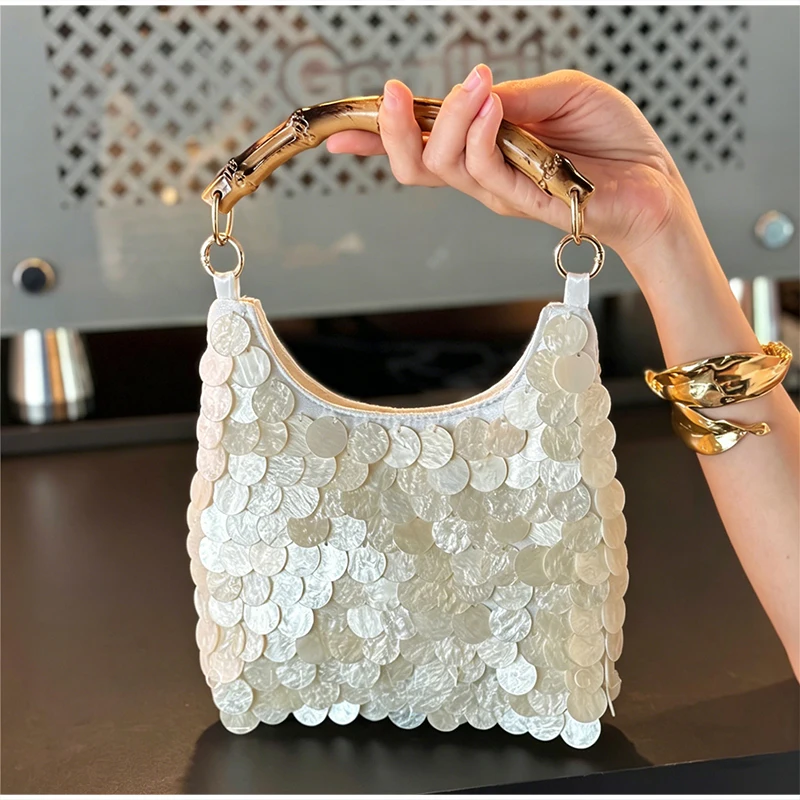 

Luxury Shell Sequins Bamboo Women's Handle Handbag Summer Beach Party Mini Top-handle Bag Elegant Wedding Evening Clutch Purse