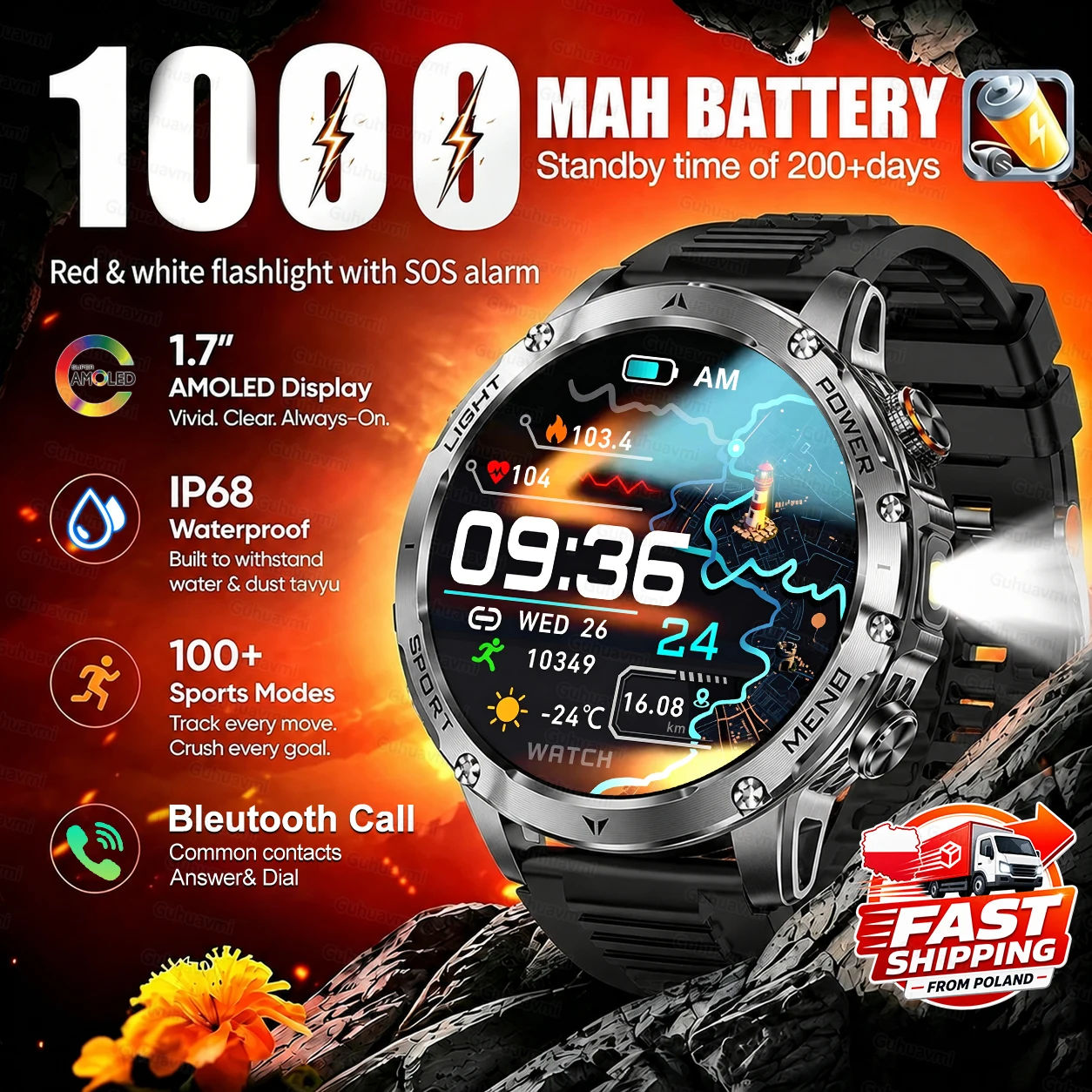 1000mAh Super Capacité Batterie Adulte Homme Horloge intelligente 1,7 pouces Grand écran Bluetooth Appel IP68 Étanche montre intelligente Sport Appel vocal Sport Bracelet de fitness Homme 2026