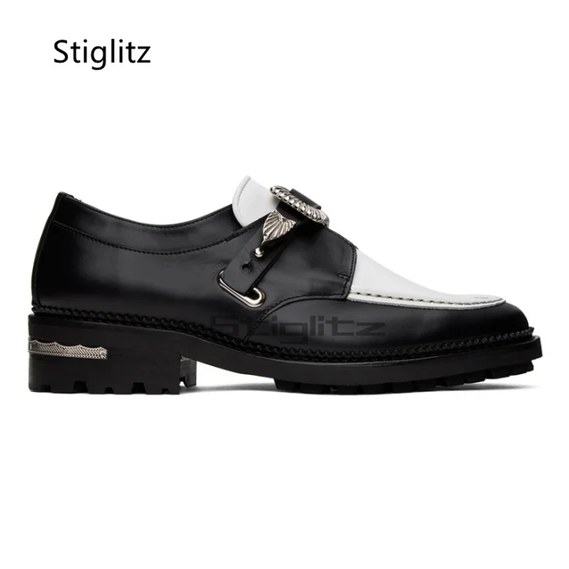 Black Round Toe Metal Buckle Men\'s Shoes Retro Casual Business Dress Man Shoes Slip-On Genuine Leather Comfortable Loafers