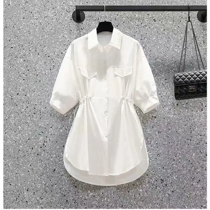 Temperament Korean Loose Fat MM Single breasted Shirt 2023 Summer Sweet Cool Spicy Girl Waist Shrinking Slim Mid length Shirt