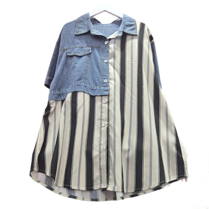 

SuperAen европейские и американские джинсовые лоскутные модные дизайнерские рубашки с короткими рукавами, женские полосатые повседневные свободные рубашки