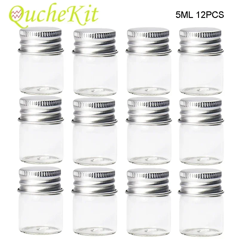 12Pcs 5ml Szklane butelki z aluminiową osłoną Małe mini szklane słoiki Butelki na życzenia Pudełko do przechowywania ziół tytoniowych Butelka na próbki