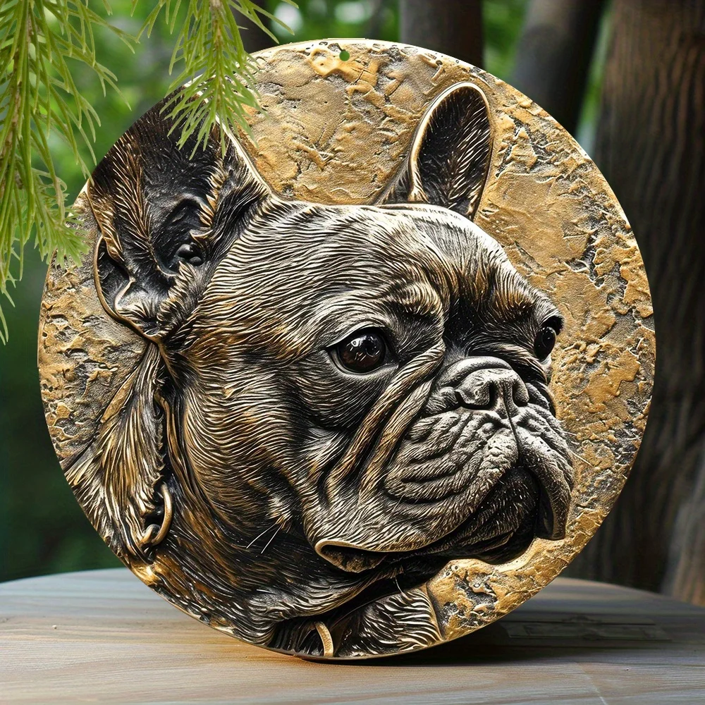 Aluminum Sign Faux Embossing Painted Round Wreath Sign Apartment Decoration Pet Lovers Gifts French Bulldog Themed Decoration