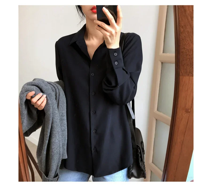 New Women Shirt Classic Chiffon Blouse Female S-4XL Office Lady Loose Long Sleeve Shirt Simple Style Tops Clothes Blusas 6830