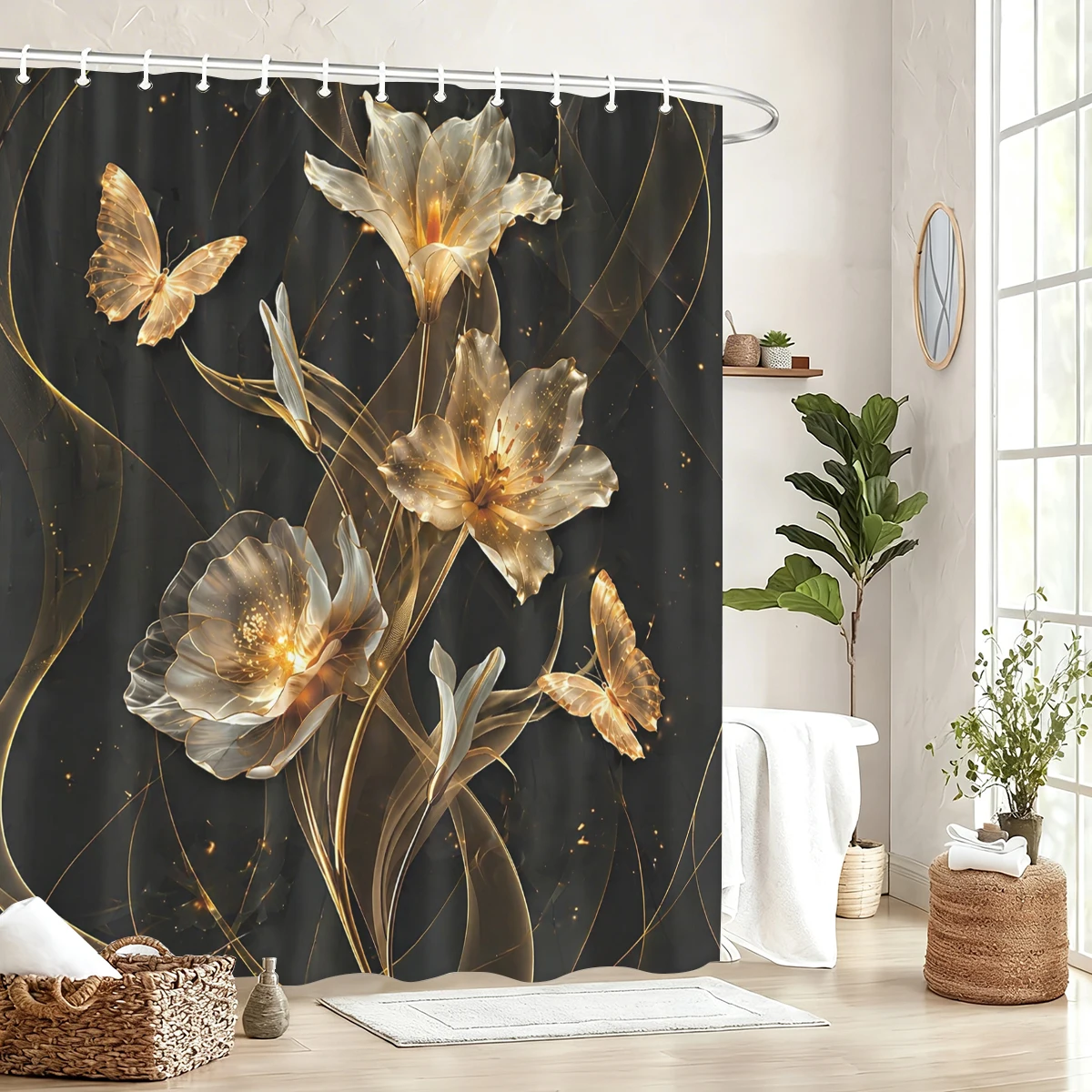 Künstlerischer Blumen- und Schmetterlingsmuster Polyester-Duschvorhang - Stilvolle Badezimmerdekoration, Einzigartiger Bedruckter Duschvorhang für Zuhause