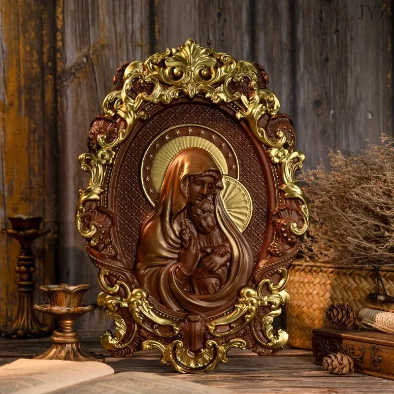 Vintage Virgin Mary and Baby Jesus Wood Carving, Catholic Religious Home Hanging Decoration