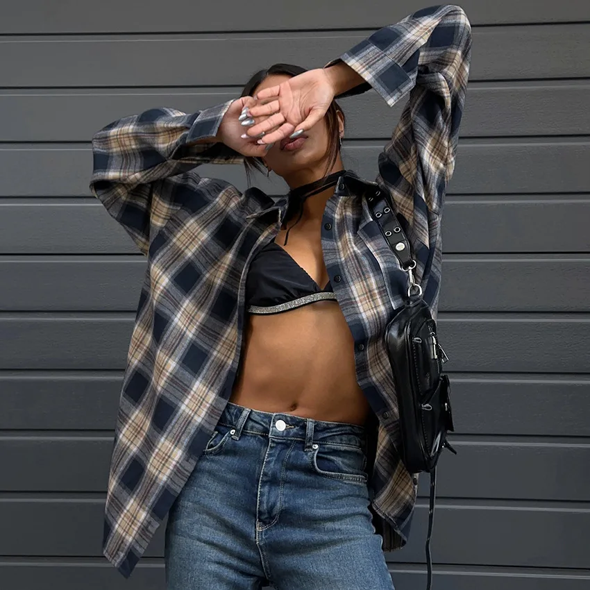 

Женская винтажная рубашка оверсайз в клетку с длинным рукавом, свободного кроя, с отложным воротником, весна-осень 2026