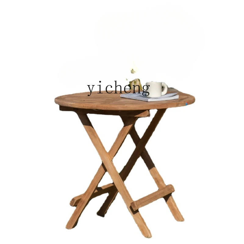 

Tqh Folding round Table Outdoor Teak Courtyard Villa B & B Portable Solid Wood Dining Tables and Chairs Set