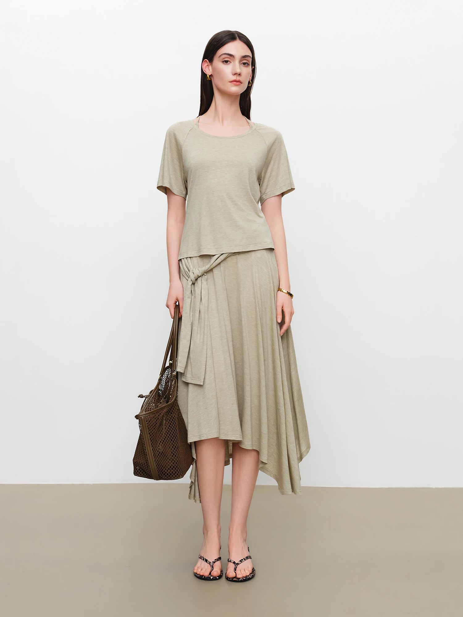ZIQIAO Women 3 Pieces Outfit O-Neck Short Sleeve Tops Halter Camisole High Waist Irregular Midi Skirt Slim Casual Solid Daily image 3