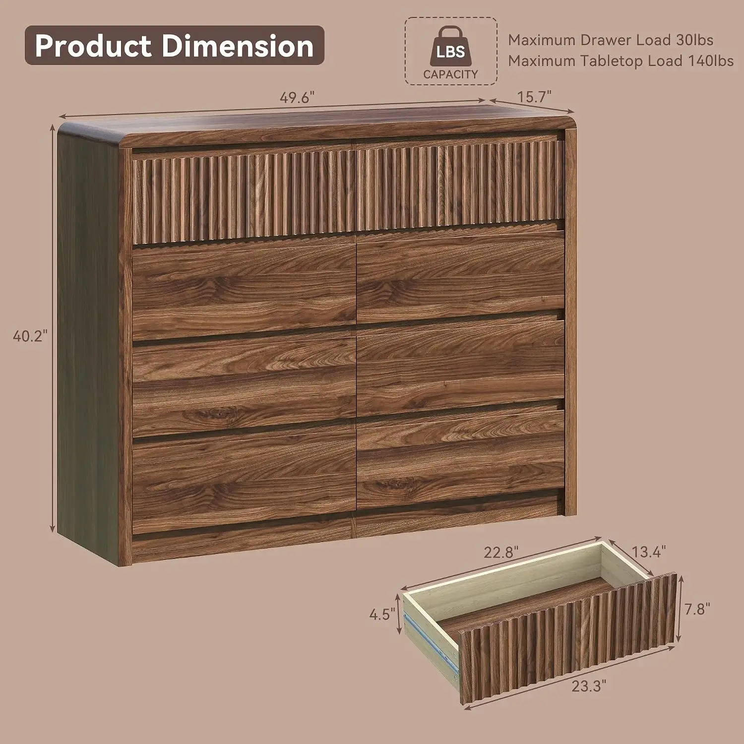 Fluted 8 Drawer Dresser for Bedroom, 50” Wide Modern Dresser & Chest of Drawers with Curved Profile Design, Wood, Customized
