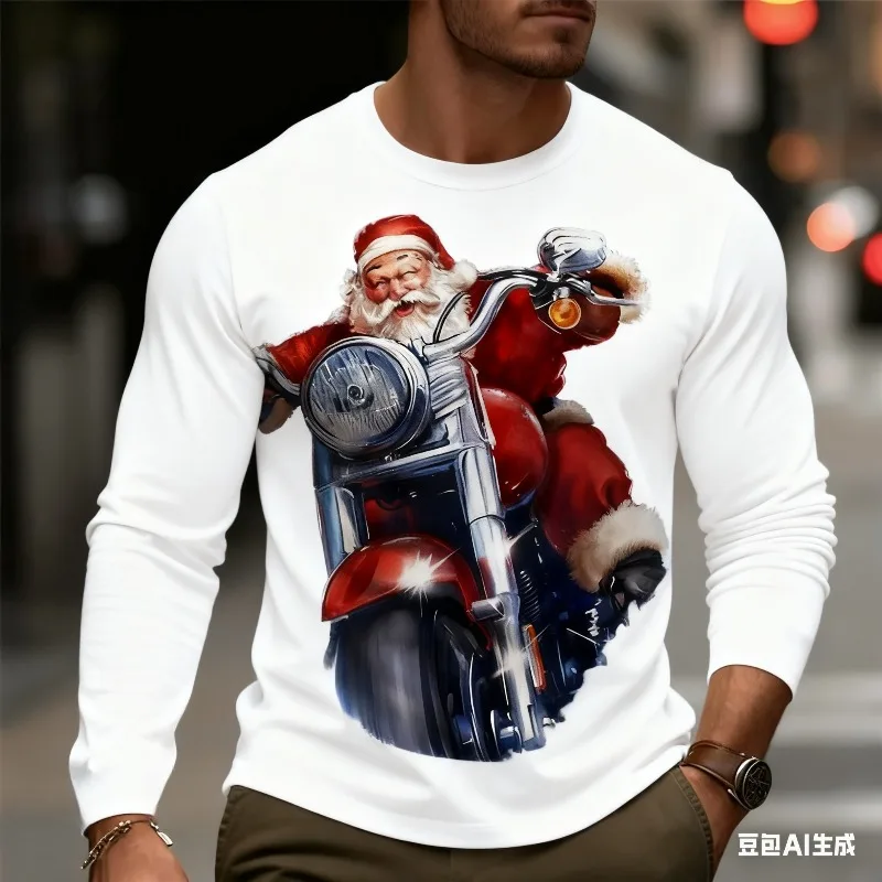 

Санта-Клаус ездить на мотоцикле с длинным рукавом с 3D-принтом - веселый рождественский необычный топ в байкерском стиле, привлекательный праздничный наряд