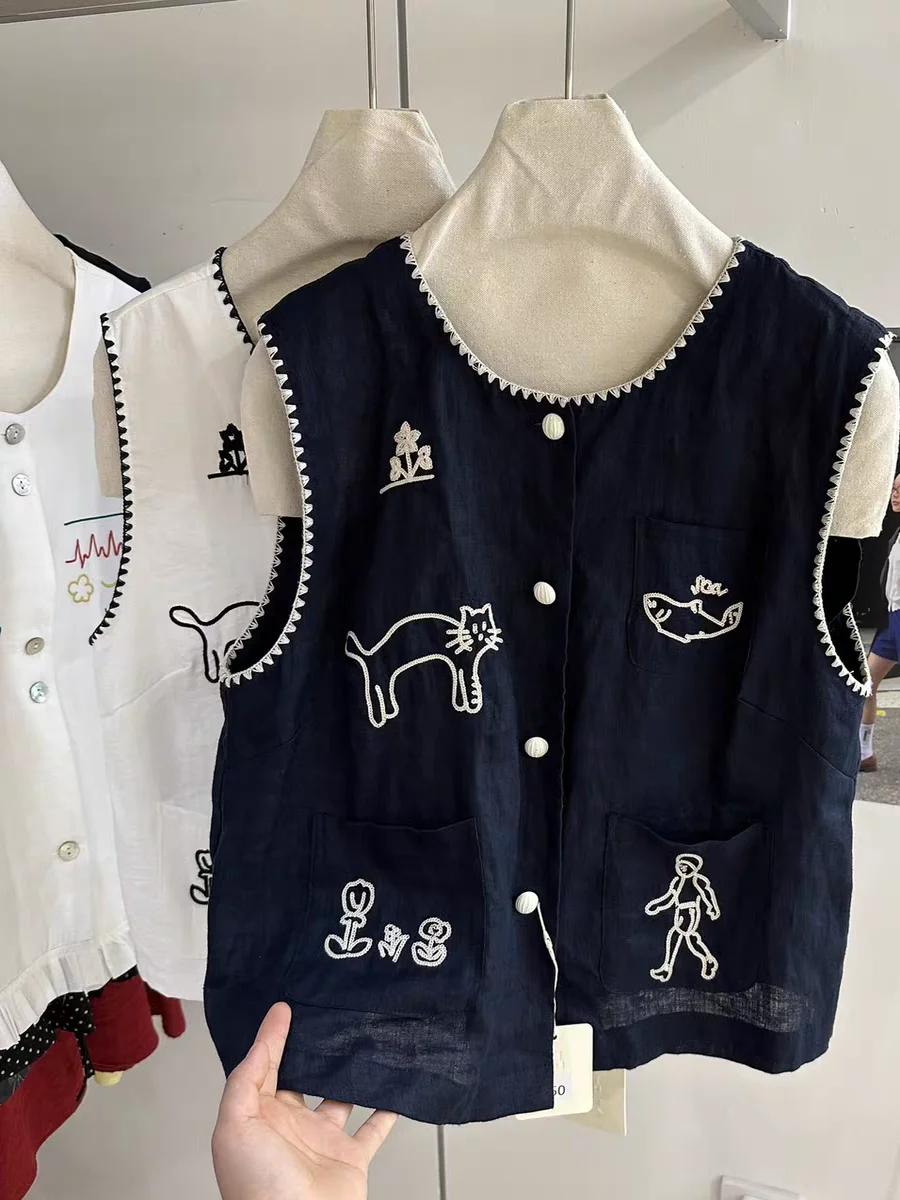 

Корейский модный универсальный летний топ-жилет с вышивкой и круглым вырезом для женщин, новинка, с декоративной строчкой