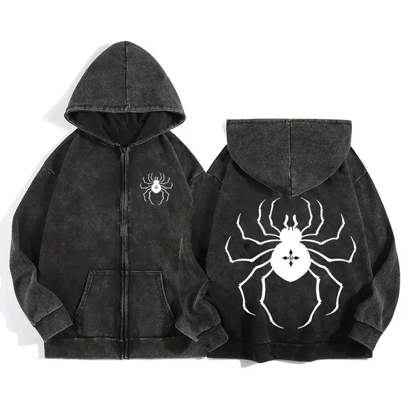 Y2K Acid Wash Zip Up Hoodie Harajuku Retro Gothic Graphic Spider Print Jacket Sweatshirt High Quality Cotton Men Women Clothing