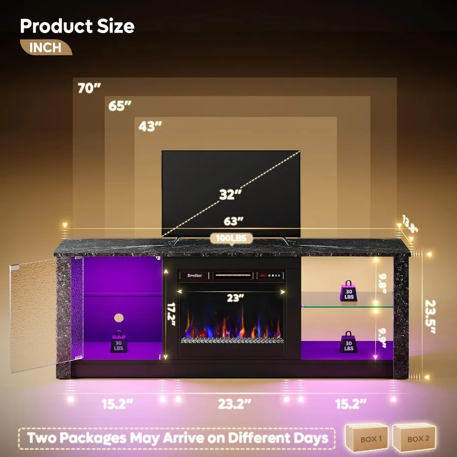 63 حامل تلفزيون مدفأة كهربائية حديثة مع خزائن تخزين LED قابلة للتعديل وباب مزخرف لأجهزة التلفاز حتى 70 مزرعة على الطراز M #2