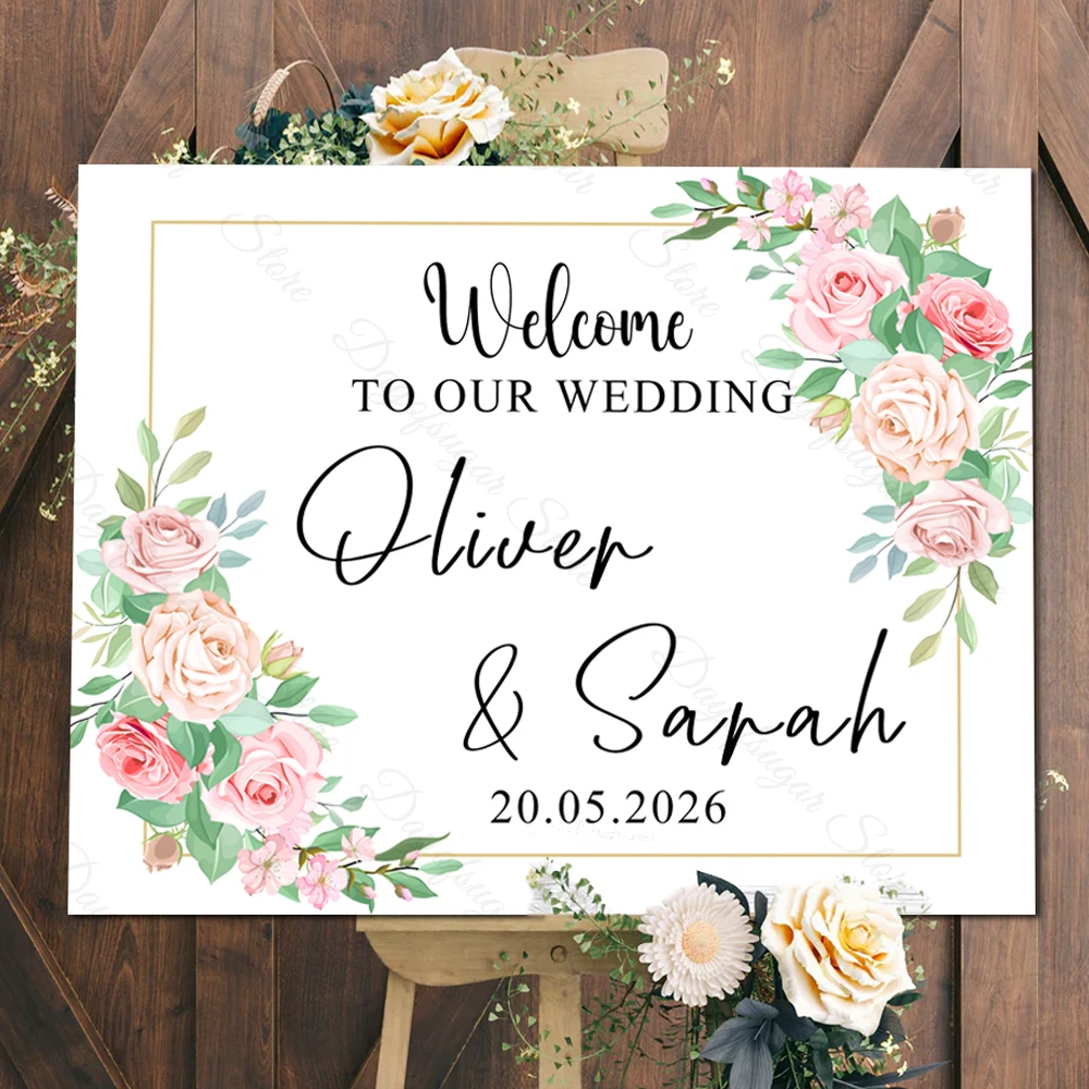 Custom Florals Welcome Sign Mosaic Board Rose Flowers Personalized Welcome to our Wedding Sign for Wedding Birthday Party Decor