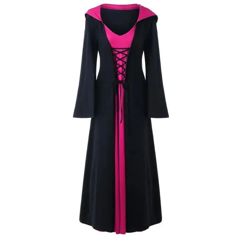 Vestido medieval para mulheres, vestido vintage com capuz, manto, adulto, retrô, cosplay, halloween, assustador, vampiro, bruxa, vestido longo