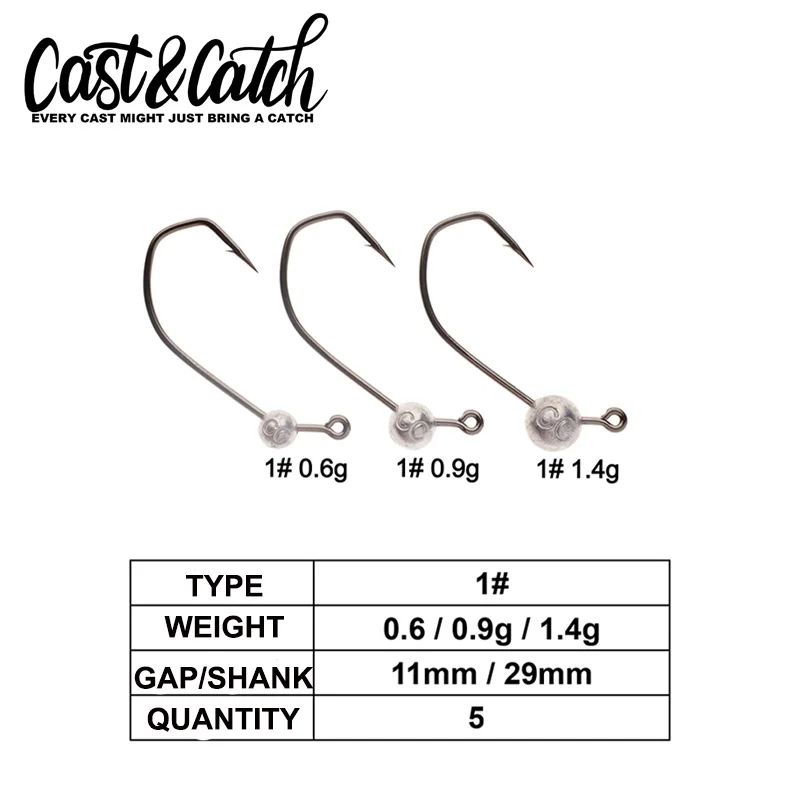 Cast&Catch 0.6/0.9/1.4g 5pcs/pack Inch Wacky Hooks For Soft Worm Lure Bass Barbed Carp Crank Fishing Hook