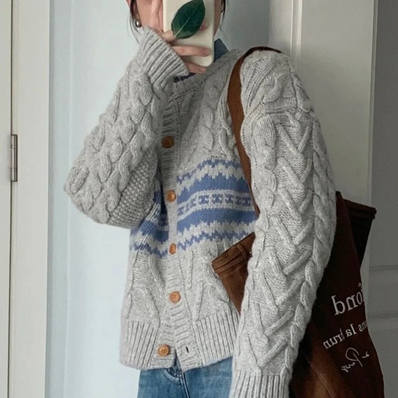 Rimocy Korean Gray Round Neck Cardigans Women Stripe Patchwork Twist Sweater Cardigan Woman Long Sleeve Knitted Coats Female