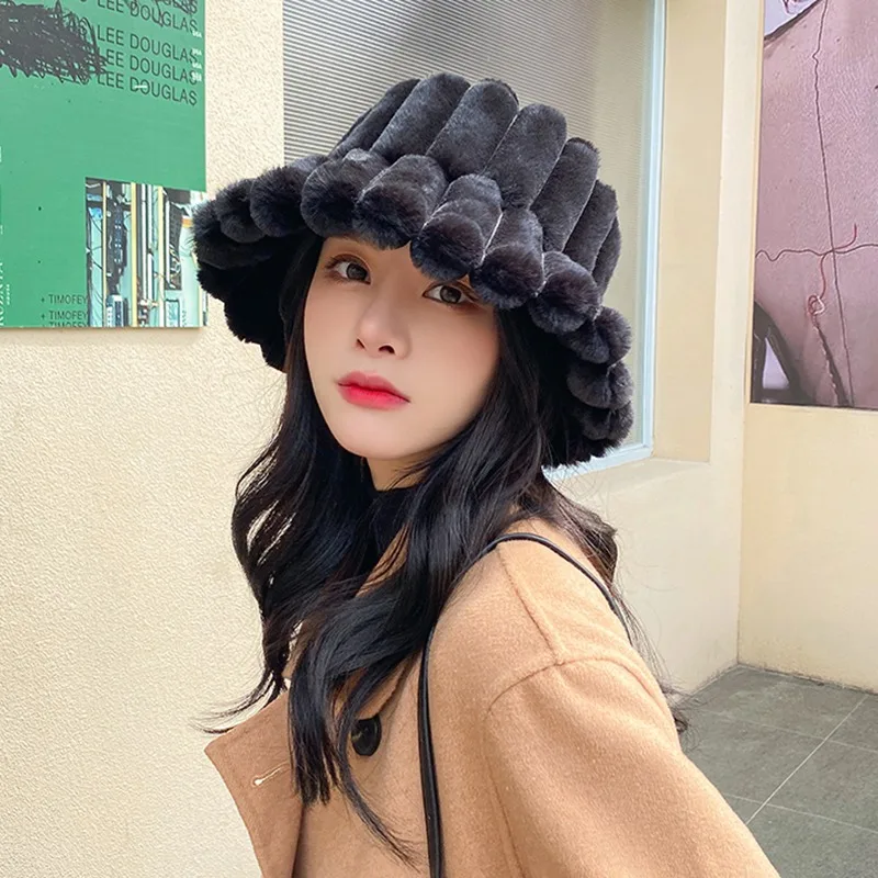 Ladies Hats Korean Style Fashion Solid Color Thickened Fisherman Retro Vertical Stripes Plush Caps for Women